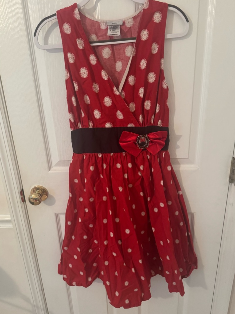 Disney Red and White Polka Dot Formal Dress with Black Waistband and Bow